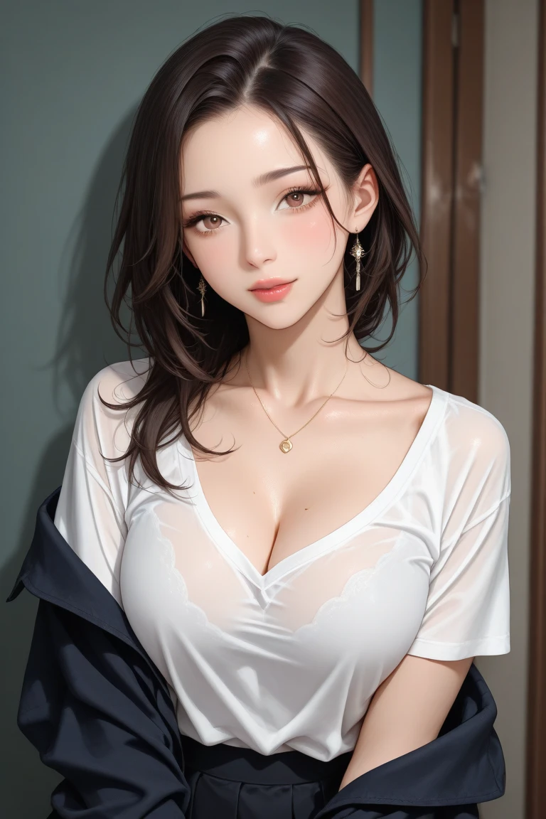 Beautiful girl with realistic black eyes, pale skin, medium length black hair, perfect face, perfect eyes, wearing a coat, very detailed, comprehensive movie, digital painting, 8K, cinematic lighting, highest quality, High resolution, Great job!, Post-processing, perfect result, surreal,(((revealing clothes))),big breasts,NSFW:1.5