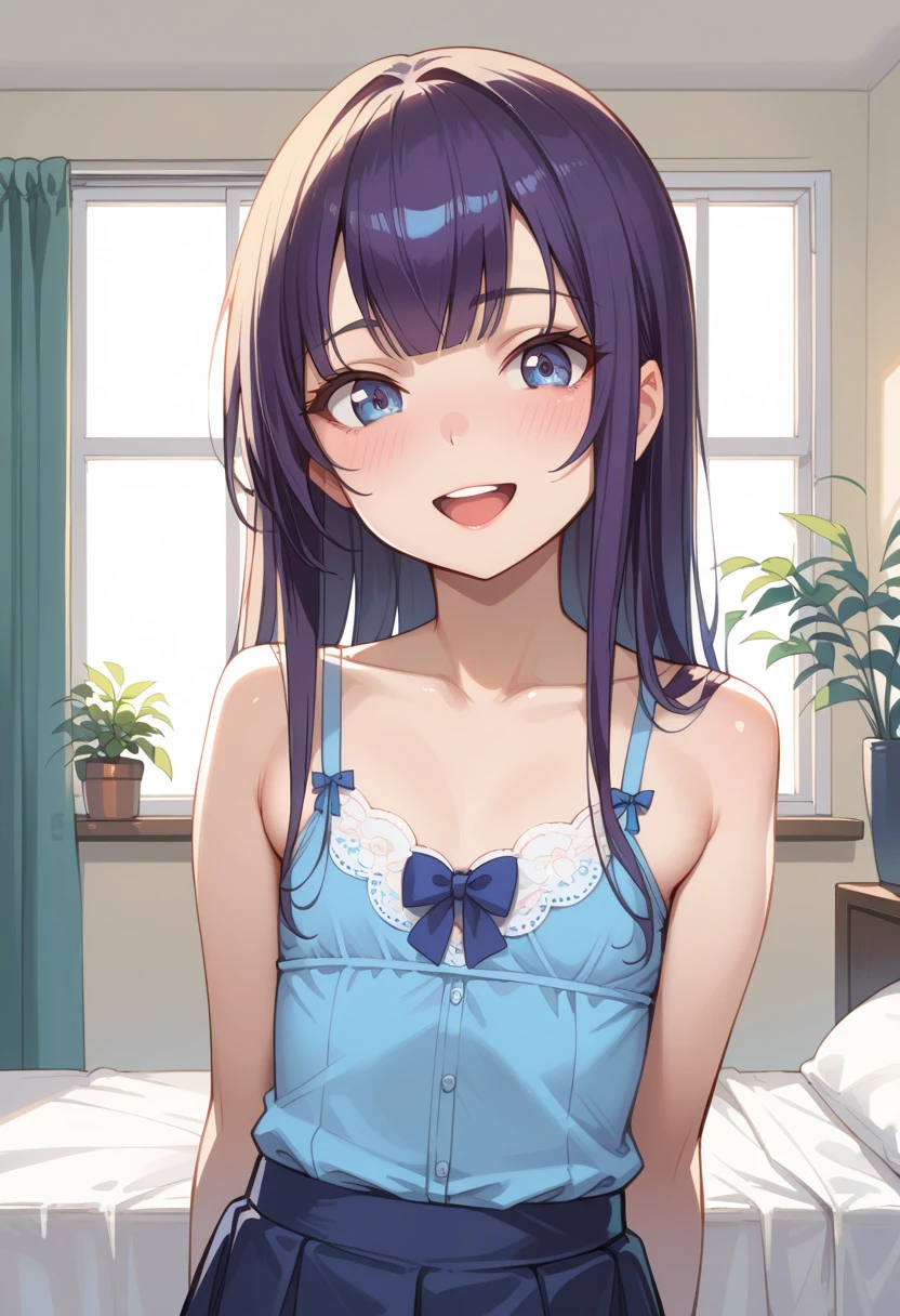 ((top quality)), ((masterpiece)), (be familiar with), perfect face, indoor, bedroom, Watching Viewers,
One woman, Saeko Tokushima,
open mouth, ecstatic expression, blush, smile,
 small , flat chest, Young girl,  lori, ren, girl,
long hair, long hair,
opening,