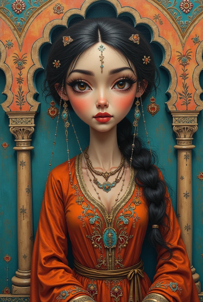 Make me a painted marionette doll of a woman inspired by the story of Ali Baba