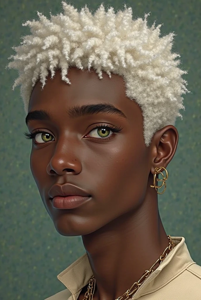 Lite skins black male with gold and green eye and white hair with perfect body and a hot face and his age is 17 and make him little lite and withe cute lip and sharp nose and perfect jaw line and his hair must be curley