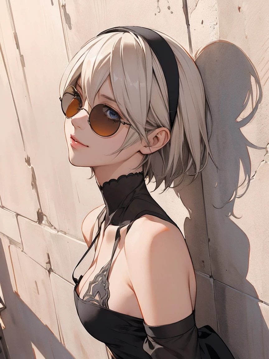 {(masterpiece,best quality, 16K illustration, UHD, extremely detailed the work, detailed beautiful face and eyes and skin and hair)} 
BREAK {erotic face,looking away,enchanting smile,profile,cowboy-shot,from below}
BREAK {solo, (2B of Nier-Automa:1.4)), (perfect female body,small breasts),(lightbrown_lightwhite colored hair:1.4, short cut hair), (medium mouth:1.2),(narrow and sharp eyes:1.4,blue-glay eyes,sparkling eyes:1.1) 
BREAK {(Nier-Automata-2B costume:1.2),(cleavage between breasts:1.2),(black hairband:1.4)} 
BREAK {(small-diameter round darkorange-lens-sunglasses:1.4),(hand on sunglasses:1.4)} 
BREAK {(Part of the stucco wall is brick:1.2),(cast a shadow on the wall:1.2),bullet holes in the wall} 
BREAK,{(anime illustration style:1),(watercolor image:1.2),(sketch drawing),overall dark color}