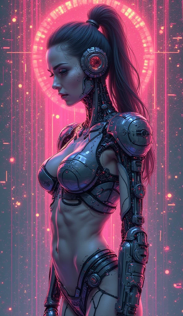 a cyborg robot, lights, scars, refractions, posing, ultradetailed, HD, 8K, highlights, good lighting, the most amazing effect, sci-fi,((art by carne griffiths and sean yoro))