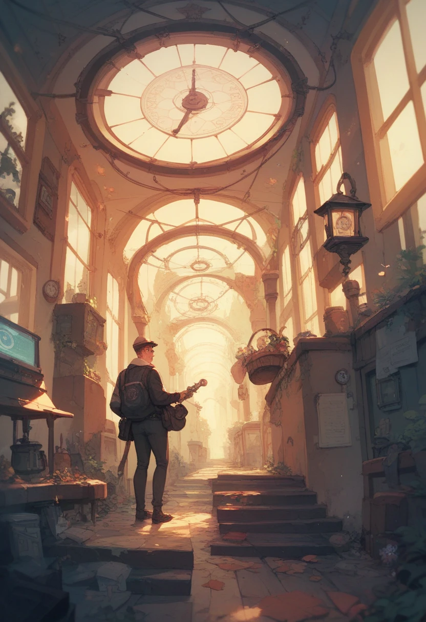 a steam train coming out of a portal. the train has a clock on its front. the portal it comes out from is magical and glows brightly.