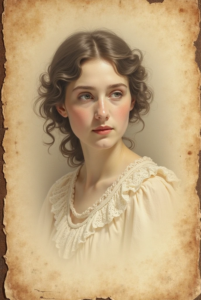 A realistic old book page with a slightly yellowed, vintage texture — like aged parchment from an ancient journal. In the center or subtly faded into the background is the gentle, captivating face of a mother — soft eyes, a serene and loving expression, illustrated in a classical style. The image should resemble an old printed illustration from a historical or emotional novel. Ensure the overall tone feels nostalgic, sacred, and deeply emotional — like a memory preserved in time. The lighting should be warm and soft, enhancing the vintage paper’s texture. The style should look like a scanned page from an antique book.