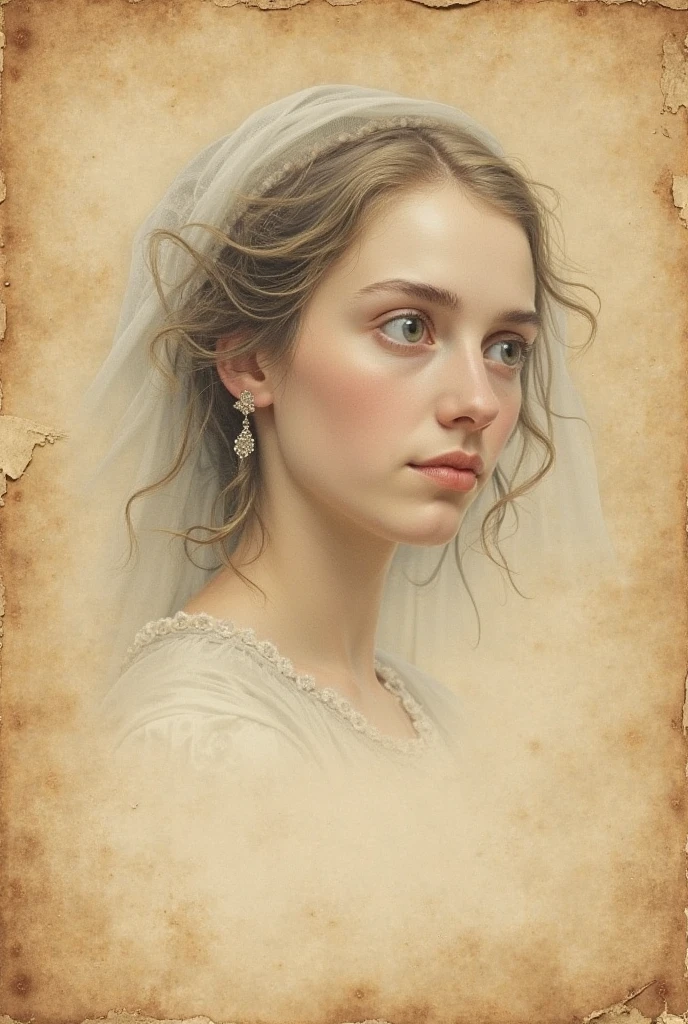 A realistic old book page with a slightly yellowed, vintage texture — like aged parchment from an ancient journal. In the center or subtly faded into the background is the gentle, captivating face of a mother — soft eyes, a serene and loving expression, illustrated in a classical style. The image should resemble an old printed illustration from a historical or emotional novel. Ensure the overall tone feels nostalgic, sacred, and deeply emotional — like a memory preserved in time. The lighting should be warm and soft, enhancing the vintage paper’s texture. The style should look like a scanned page from an antique book.