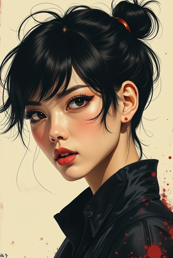 50's Japanese male、with a serious but slightly surprised expression、her hairstyle is all back、The background is abstract and simple,、Up from the shoulder。dramatic and cyberpunk style。from sh uncensored