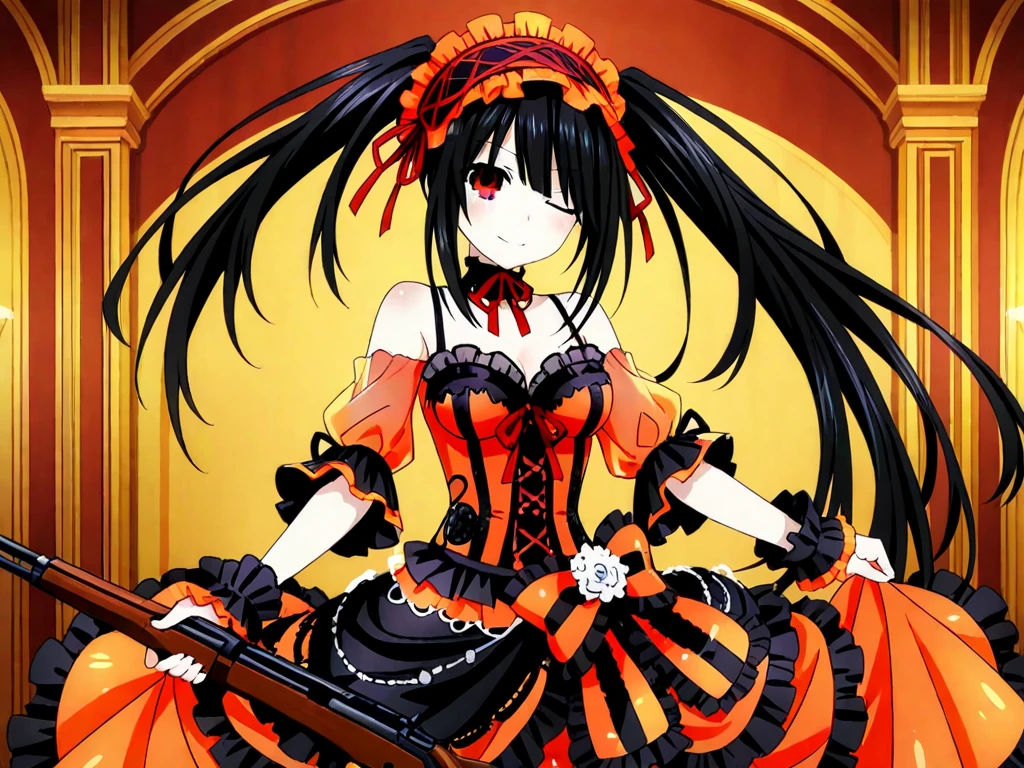 best quality,masterpiece,Super Resolution, 8K  ,  full body,  16 years old , (chibi:1.2)
kkkrumi, kkkrumi\(gothic clothing\), kkkrumi\(double ponytail\), kkkrumi\(golden clock eyes\), Evil smile, Soft hair , sit
Clouds, flowers, trees, rivers , <lora:KK434:0.9>