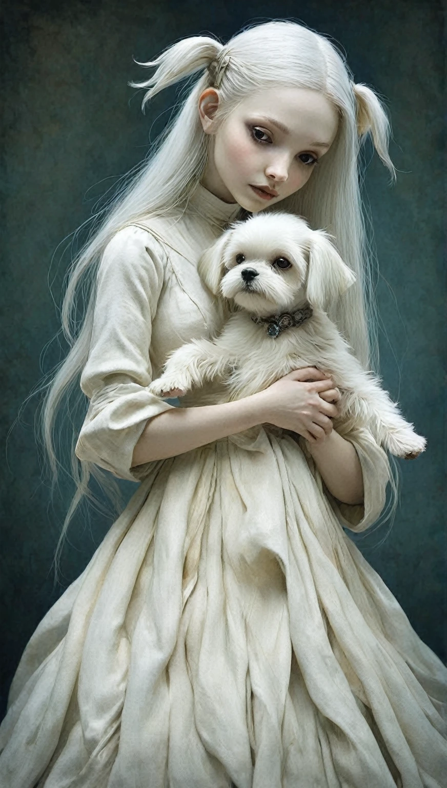 Painting of a doll holding a little Maltese puppy, brian froud, juan gimenez, anton semenov, style of emil melmoth, jean baptiste monge, brian froud style, Alex V. Dolgikh,Mark RYDEN style ARTGERM
