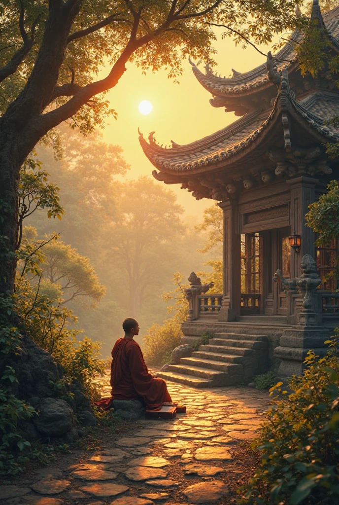 A calm and spiritual scene of an ancient Buddhist temple at sunrise, with soft golden light filtering through trees. A serene monk sits in meditation near a stone pathway, with ancient scriptures gently opened beside him. The atmosphere is peaceful, timeless, and full of quiet wisdom, inviting the viewer into a journey of inner reflection and ancient teachings. Style digital painting in cinematic 