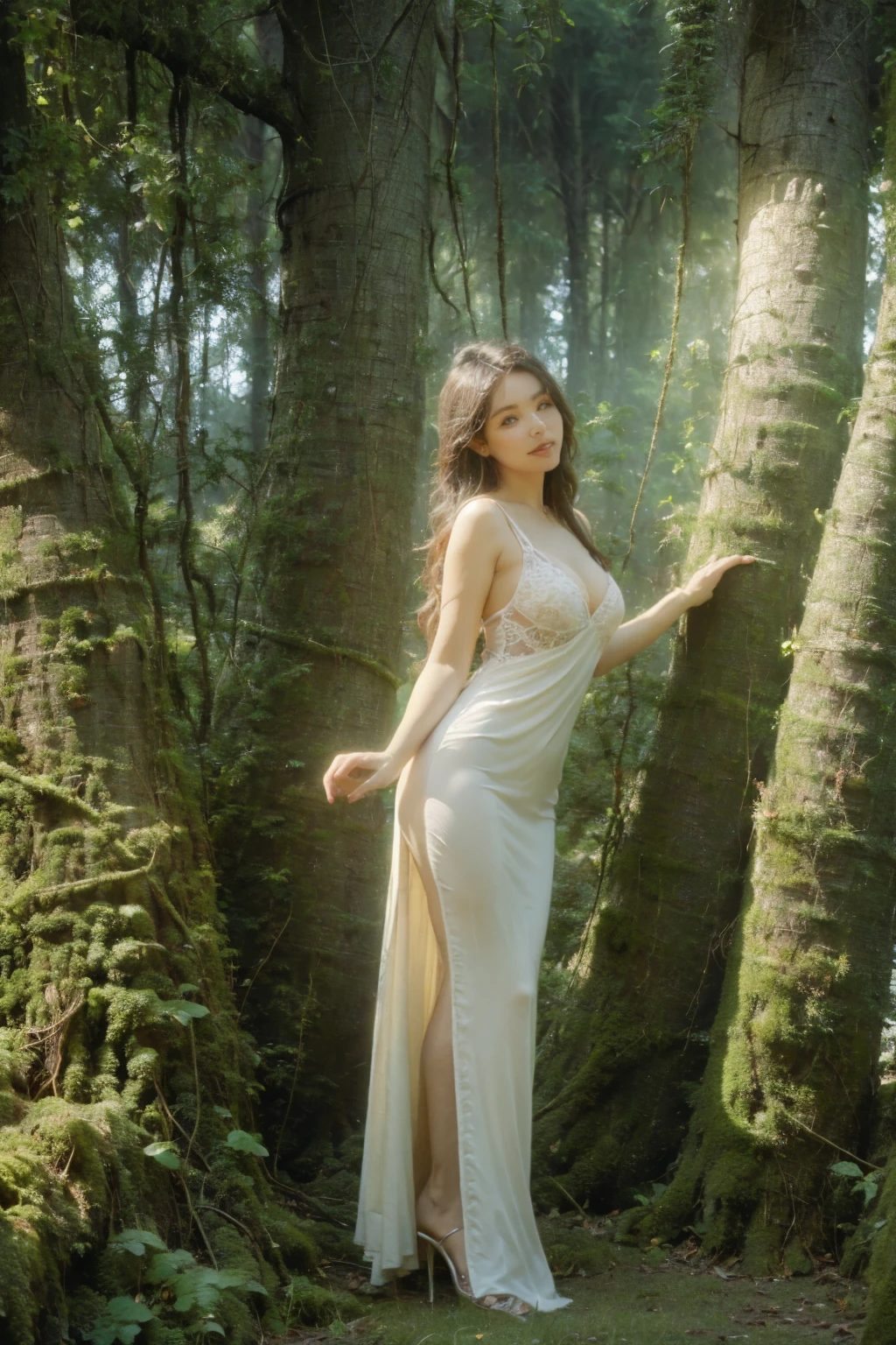 Russian Girl - Wood Elf Druid in the Forest (RPG), dressed as a druid, Fantasy,TOLKIEN,8K ,真实感, Photo , hight resolution, real looking skin, No cosmetics, A big white wolf stands in the distance,, to the girl : elf-ears , Sophisticated appearance, plump body, pale skin with fair skin, girl dressed as a druid ,elf,In clothes, fentezi, mystical forest,Breasts are protruding、fullnude、nakedness、Pubic hair is also showing
