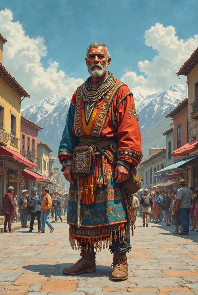 Drawing of the plaza in Punta Arenas with a Patagonian Indian