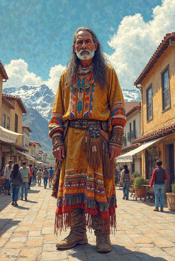 Drawing of the plaza in Punta Arenas with a Patagonian Indian