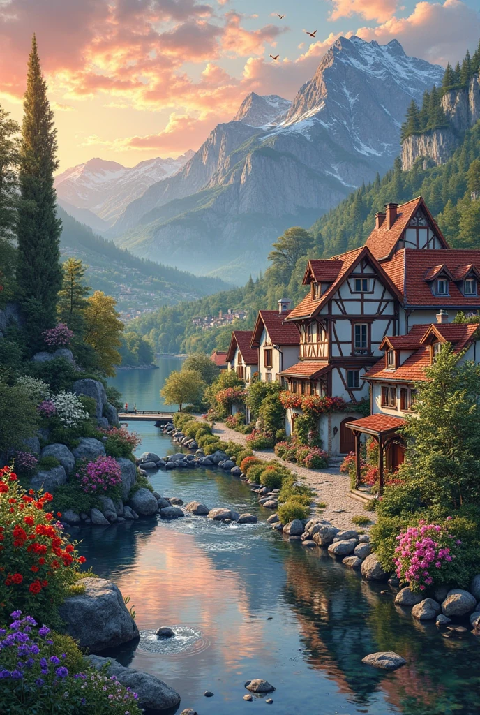 A small town by the river, mountains in the background, colorful floral flowers, detailed landscape, beautiful natural landscapes, atmospheric lighting, scorching sunset, warm colors, practical, photographic, detailed foliage, complex buildings, cobblestone street, charming country house, vibrant colors, lush vegetation, reflections in the water,  picturesque, idyllic, artwork, photos, 8K, extremely detailed, anime style