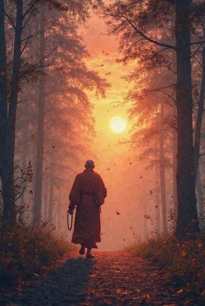 A quiet evening scene with warm orange and pink skies, a peaceful monk walking slowly along a forest path, holding prayer beads. The surroundings are tranquil – tall trees, falling leaves, soft wind. A sense of closure, peace, and calm wisdom, symbolizing the end of a meaningful story and the beginning of inner understanding.
Style digital painting in cinematic 
