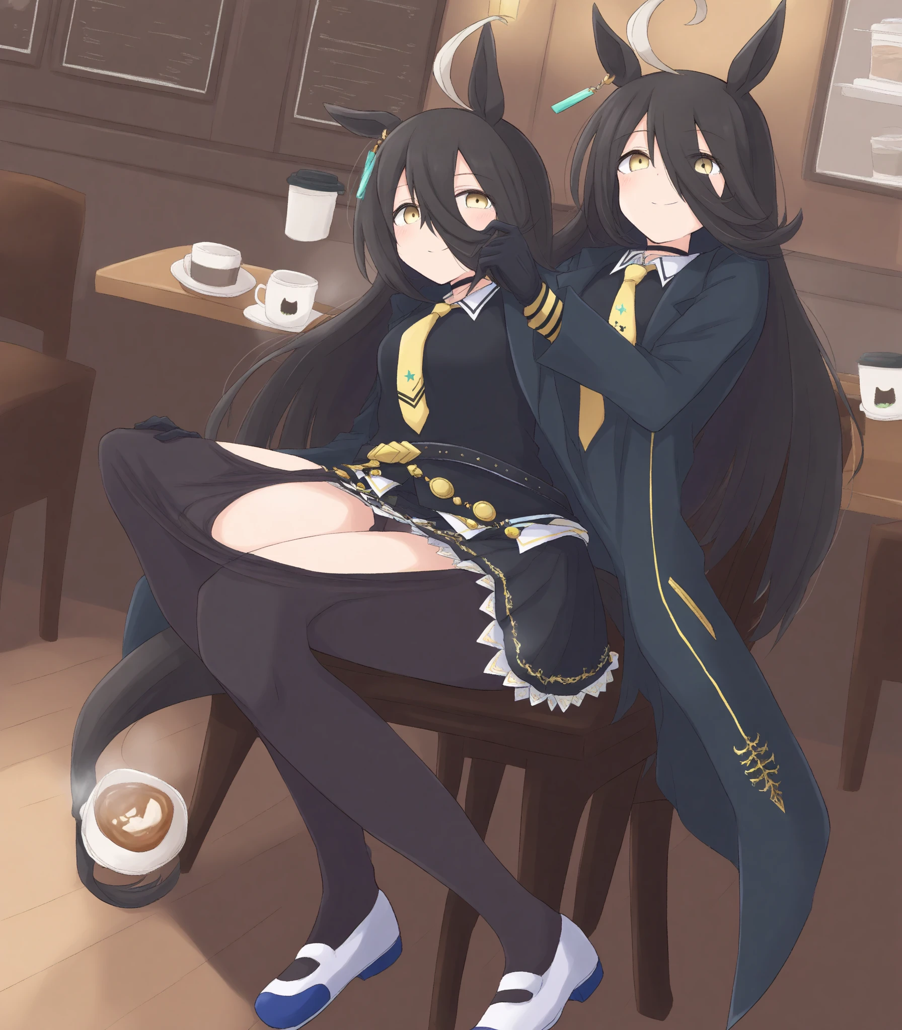NSFW,((table top, highest quality)),(1 girl:1.5),manhattan cafe,manhattan cafe(racing wear),Uma Musume,horse ears,hair_between_eye,(alone:1.2),pantyhose,length_hair, black_hair, black Gloves,yellow_eye,Ahoge,tie,black_Jacket,skirt,black_footwear,I'm in heat,excited,pants are visible,1 male,My pussy is being touched,shy,sex,A dick is inserted,On your back,Creampie,sexual treatment,sex slave,(Sweat:1.5),eyeが蕩けている,fall of pleasure,Hotel