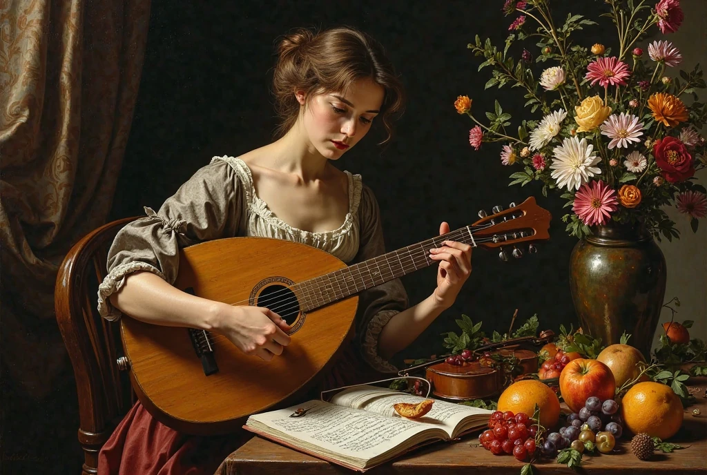 painting of a woman at a table playing a lute, on the table is a notebook with notes and a violin on them, Next to it is a vase with flowers and fruit nearby, ‘Luteist’ by Caravaggio, playing a lute, lute, caravaggio style, holding a lute, caravaggio style, caravaggio style, caravaggio style, artemisia gentileschi, caravaggio, caravaggio and artgerm, caravaggio and artgerm