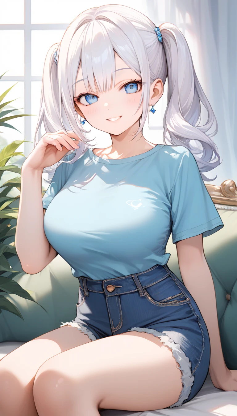 Photo Info: Beautiful, perfect photo, HD, top-quality, masterpiece, perfect hands, cowboy shot, (((Medium-long straight white hair))), (((middle part))), goes over shoulders, ponytail, multiple ear piercings (lobe, helix, and orbital ear piercings),short, cute, lots of makeup, blush on cheeks, long lashes, large doe eyes. 1person, ((((brown eyes)))), confident, round features, tanktop and jeans, big smile