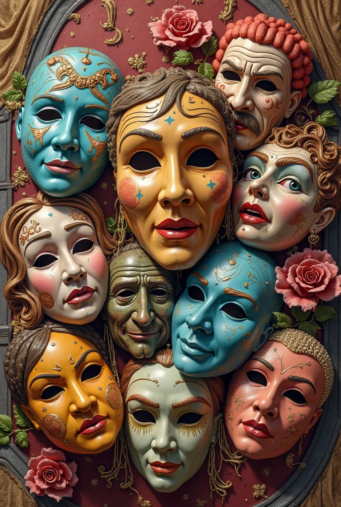 Can you create a collage about the masks of the comedy of art in classical theater?
