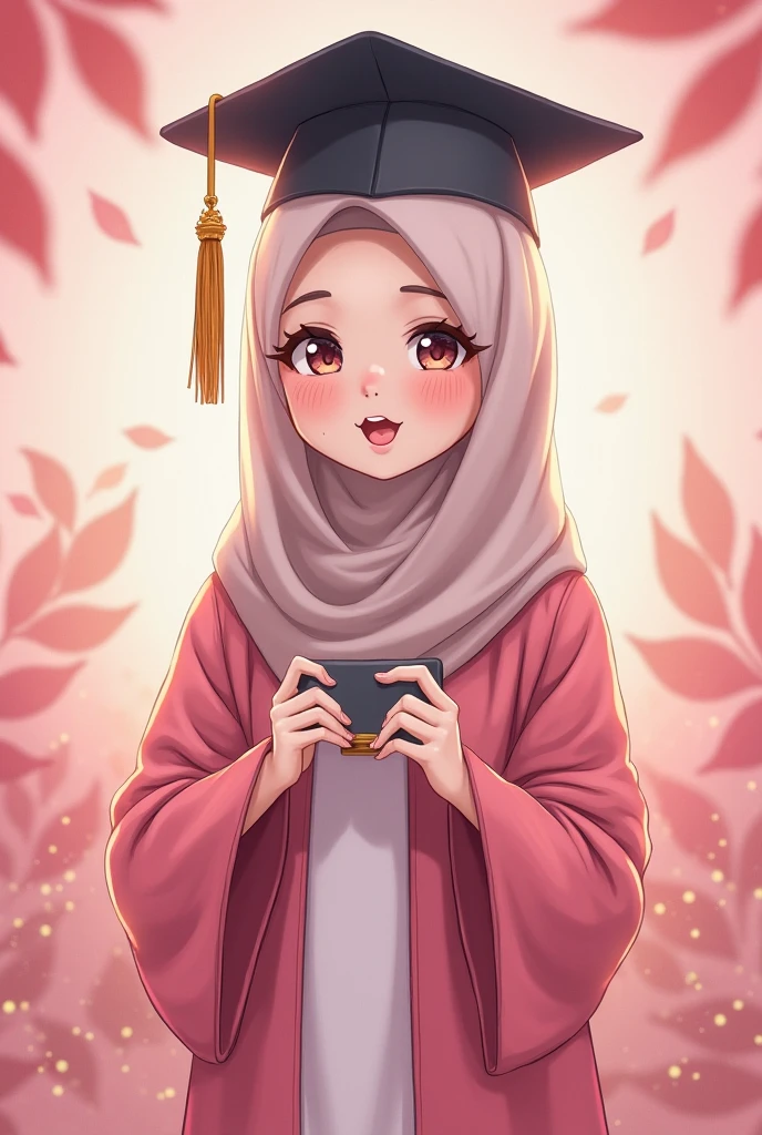 Consept art, fan art photography, A ,wearing hijab, wearing black graduation hat, in fushia pink, maroon graduation gown, maroon color  theme background, kawai theme background, maroon light effect background,leaf effect background, cute design, bright results 