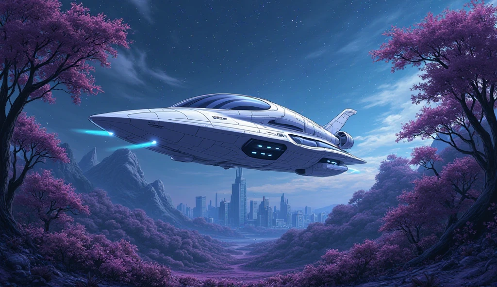 A spaceship that has white and sky blue colors is landing near a purple forest not far from the city in the night time. (Anime style), (high resolution)