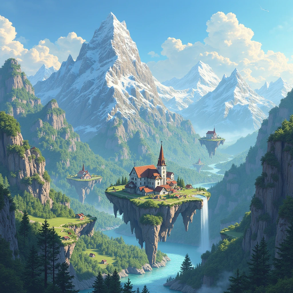 a breathtaking cartoon-style mountainous landscape、floating islands in the center、and churches and houses on floating islands々There are green mountains、forest、There are trees, and the river flows down into a waterfall and falls into a river in the earth。The background has realistic texture and ultra-high resolution detail。The scene includes、towering snow-capped mountains々、Lush valleys、and there are clear rivers meandering through the terrain。The lighting is soft and warm、give the rocky cliffs a golden glow。the sky is bright blue、fluffy white clouds gently drift through the terrain。small huts and pine trees scattered all over the place、add charm and depth。the overall style is、rendered in super 4K and 8K quality、combines realism with a whimsical cartoonish aesthetic。