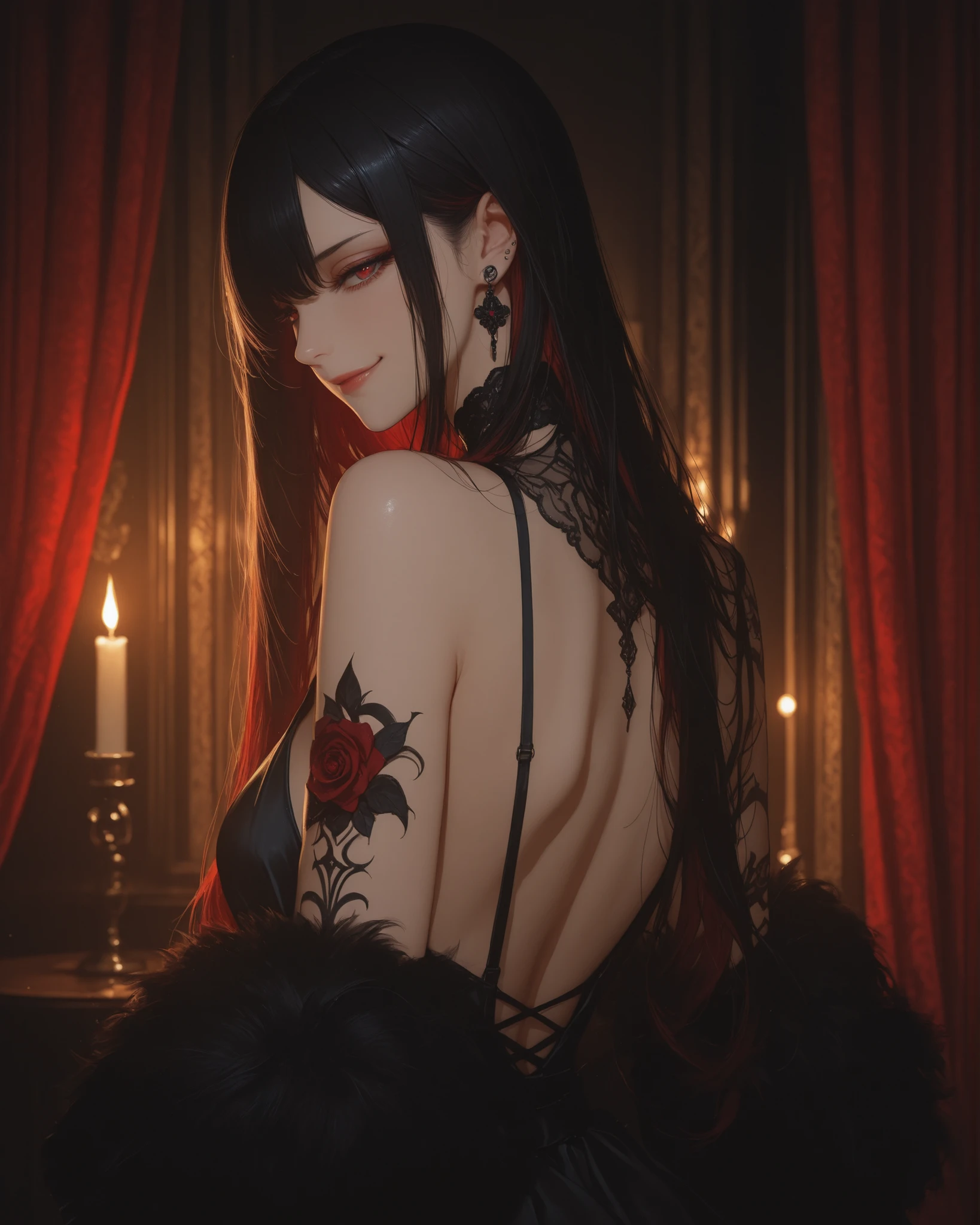 (masterpiece, best quality, ultra-detailed, cinematic lighting), a stunning woman in a sleek black satin evening gown with high slits on both sides and an open back. Her long black hair features vivid crimson inner highlights, styled in elegant waves. She gazes into the camera with piercing red eyes and a calm, confident smirk. Soft shadows dance across her black tattoos along her back and arms. Behind her, a velvet curtain and candlelight create a smoky, dramatic atmosphere.