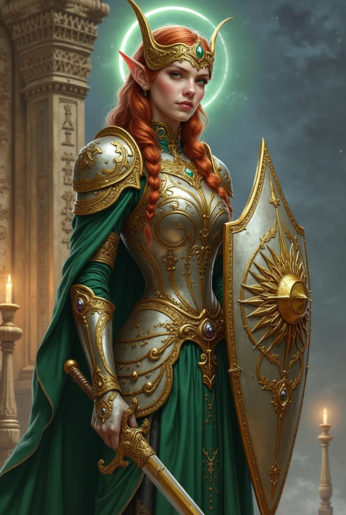 A highly detailed D&D character portrait of a resplendent elven female paladin standing confidently on the balcony of holy temple spire at (night:1.2), her piercing green eyes reflecting the divine light that flows through her soul. She is adorned in intricate gold and silver armor, reminiscent of ancient elven craftsmanship, which glimmers against her alabaster skin. The armor is adorned with a delicate filigree, emanating an aura of protection and grace. A halo of soft, ethereal magical light encircles her head, hinting at her holy status. In her right hand, she grips a gilded ornate sword, symbolizing her readiness to defend the innocent. In her left hand, she holds a gleaming silver tower shield emblazoned with a stylized sun intertwined with a crescent moon. A flowing cloak of deep green, edged with gold and silver cascades down her back fluttering slightly in the night breeze. The cleric's long, coppery-red hair is braided and tied with a silver ribbon, while her pointed ears peek out from beneath a winged helm of gold and faceted gems. Behind her, the exterior marble walls of the grandiose holy sanctum serve as the backdrop, its bold presence bathed in the warm glow of candlelight and mystical runes inscribed on the ornate walls. The sanctum's grandeur is matched only by the serene expression on the cleric's face, a silent testament to her unwavering faith and dedication to her sacred duty. Bilateral symmetry, high contrast, volumetric lighting.