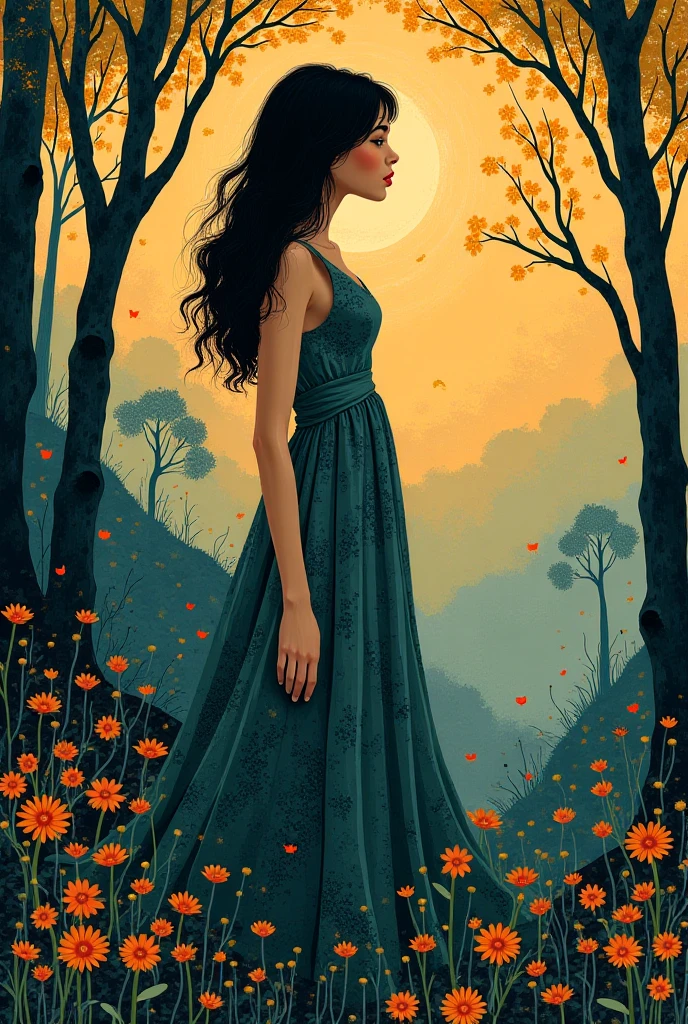  digital artwork with an Art Nouveau style. It features a young woman with dark hair a patterned dress. landscape with dark trees and abstract shapes, creating a serene and elegant atmosphere. The colors are rich, with deep blues, golds, and oranges, reminiscent of both digital and traditional oil painting techniques.