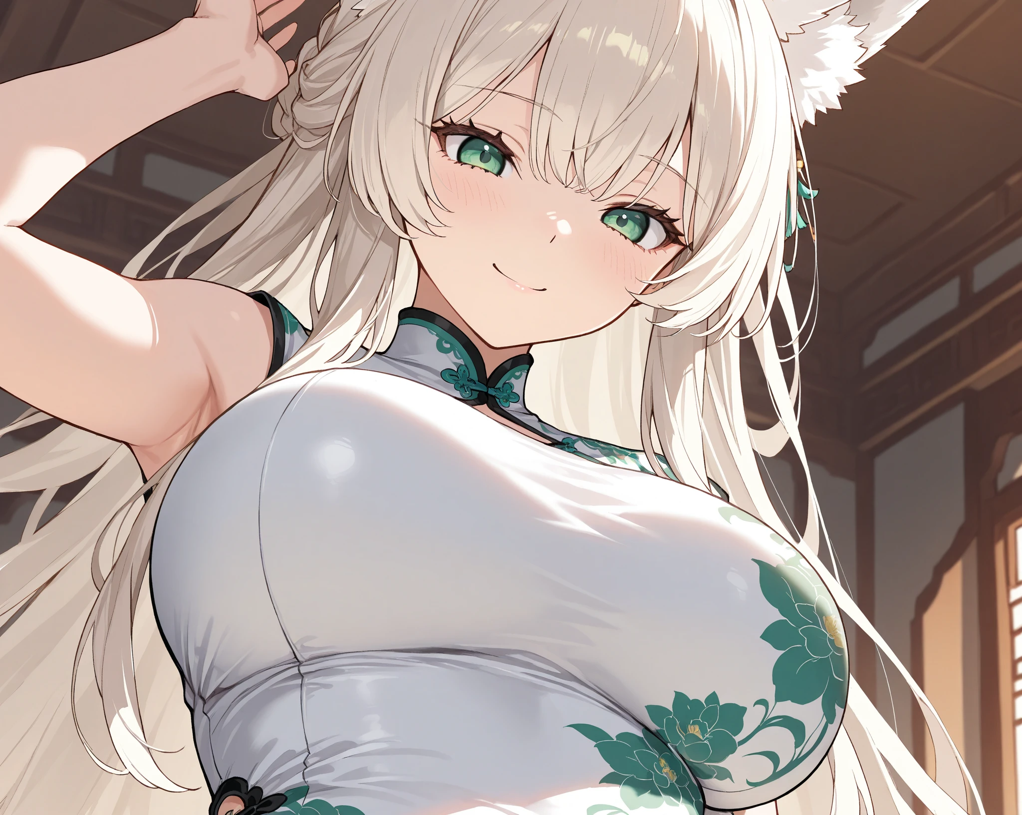 Atlas Fayon woman 40 years, white hair with black stripes ,white tiger ears, closed eyes, mujer ciega con closed eyes, disfraz de explorer, green low cut leather tops, green leather shorts, explorer, big breasts,, background of a chinese castle. sweat on the body, sweaty leather, happy smile,