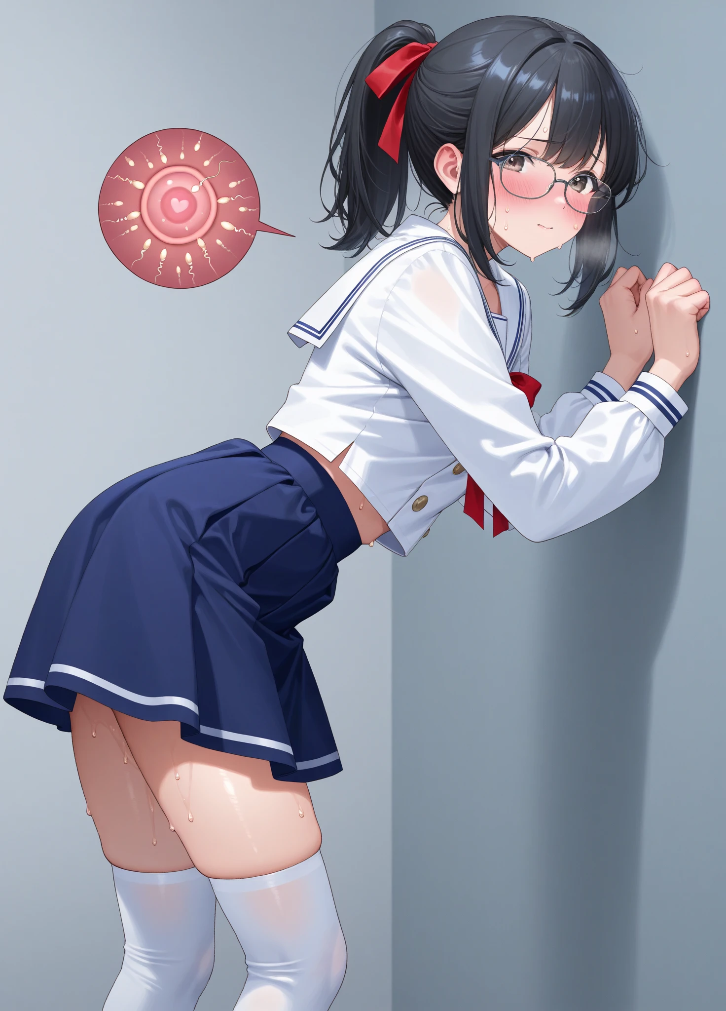 (Perfect body),Best Quality,16 K、(((((Lori)))))、(((a sailor suit)))、sleeve less、a miniskirt、(((blush)))、:D、I have my mouth wide open、Tsuriformes、Blunt bangs、(short-hair)、(((bob cuts)))、(Red Eyes),((Black hair)),(Sweat)、((red scarf))、((Big ass))、flat chest、(((thick thighs)))、Hands on the desk、Armpits、(‎Classroom)