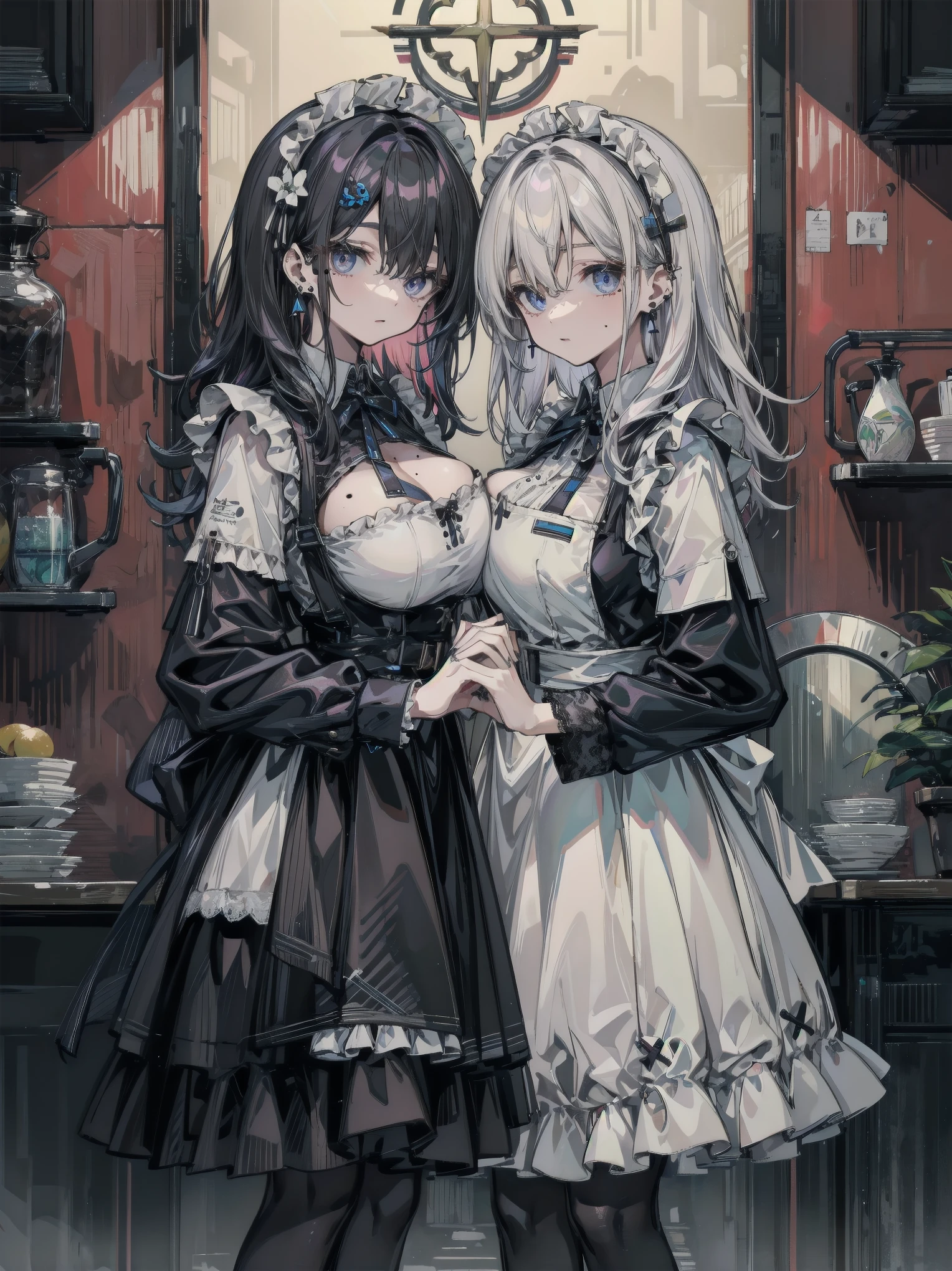 best qualtiy,tmasterpiece,The is very detailed,4K,Gray hair and shallow eyes,Drag cool expressions,Wolf ears,Erect scar on the left eye,British style,1girl,Absolutely beautiful, huge breasts, white costume, ear ribbon