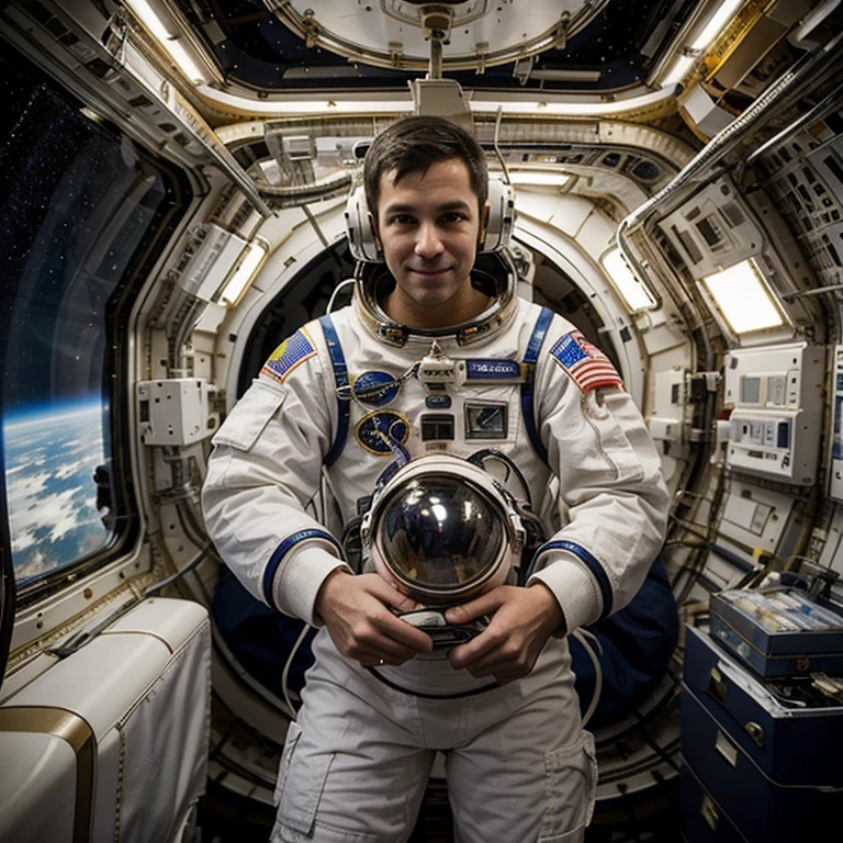 Upper body Image of a male astronaut inside the space station. He is next to a large window with the sun in the background. ((Handsome 3 caucasian man with desireable features, medium length light brown hair, trimmed sides, BREAK, intriguing green eyes, tall and fit, (athletic:1.2) physique, big seductive smile with confident expression)). BREAK. He is wearing a (white:1.1) IVA space suit, no helmet. Bright Overhead indoor highlight his excellent features.