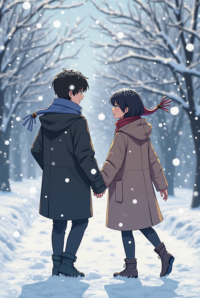 **Title: "Snowfall Fight: Love in the Cold"**  

The first snowfall had turned the world into a soft, white dream—until Kira’s mischievous grin broke the silence.  

With a sudden scoop, she packed a handful of snow and *smack!*—landed it right on Taehyung’s shoulder.  

**"Oh, you’re *dead*,"** Taehyung gasped, feigning offense before lunging forward. Kira squealed, darting away, but he caught her waist, spinning her as snowflakes swirled around them.  

**"Cheater!"** she laughed, breathless, as he playfully trapped her against a tree. Snow dusted his dark hair, his eyes sparkling with mischief.  

**"Payback’s fair,"** he murmured, but instead of a snowball, he brushed a melting flake off her nose.  

Then—*WHAM!*—Kira shoved a handful of snow down his coat.  

**"WAR!"** Taehyung yelled, chasing her through the snow as their laughter echoed in the winter air.  

*(Cue the slow-motion snowball fight, stolen scarves, and a very dramatic "tackle" that ends with them breathless in the snow... just staring at each other.)*  
 Animated image