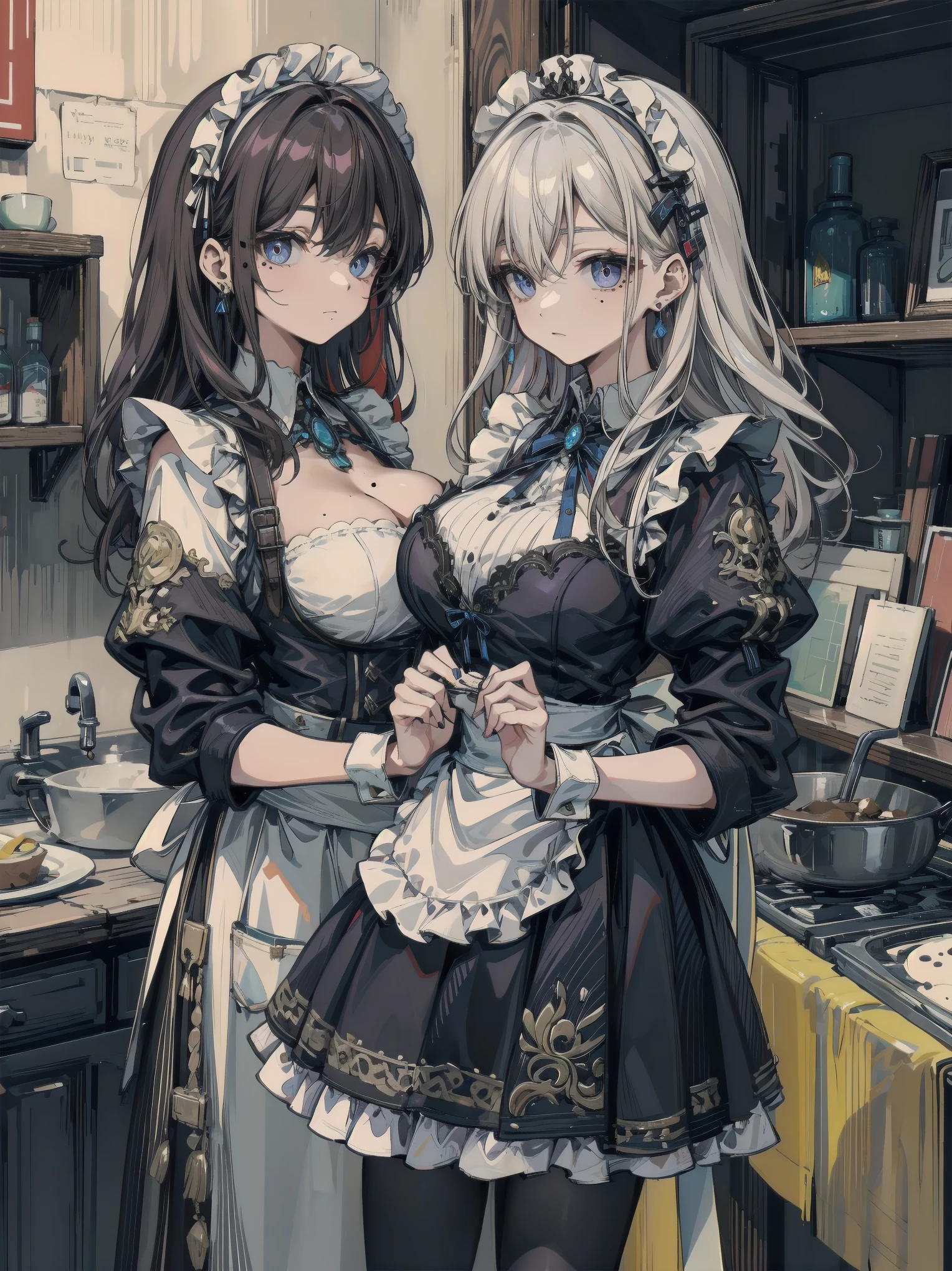 highest quality、masterpiece、((2 women))、((smile:1.3))、(blush:1.3)、Black Shirt、blouse、((fun!!))、(Small breasts)、()、Blonde、(Long sleeve)、((White apron:1.5))、((Maid))、((hair ornaments)),、Kamimei、look at me、 ((in house:1.5))、 Taking a break from watching the audience、Cowboy Shot、(Skirt lift:1.3),(Highly detailed white panties:1.3)、(Highly detailed panties:1.3)、、(スカート that rolls up:1.3)、(Panties fully exposed:1.5)、Light blue eyes、long hair、Glowing Eyes