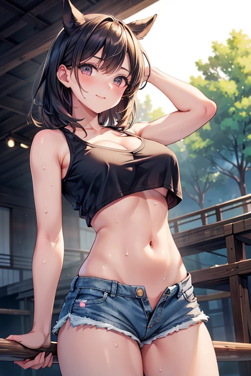NSFW、(masterpiece、Highest quality:1.2)、1 person、solo、Open legs、Legs open、Leg spread、M字Leg spread、White string panties、(Big Tits、Big Breasts、Transparent breasts)、In town、congestion、belly button、Thigh、(Big Tits、Big Breasts、Transparent breasts)、(Erect nipples、black tank top shirt、black bra top、Low rise、belly button、Navy blue denim short skirt、Micro Mini Skirt、White string panties、Gold Necklace)、(Big Tits、Big Breasts)、(tall、Toned body、slim body、Brown Skin、Sunburn、Big Breasts)、（Slanted Eyes、Dark Eyes）、(Sexy look、Erotic look、Estrus、Lust)、((black hair medium straight、Black hair medium bob))、In town、Female teacher, 23 years old、Rumiko Honjo、((masterpiece))、((Highest quality))、((detailed)、((Adult female))、photograph、美しくdetailedな顔、detailedな目、独奏、