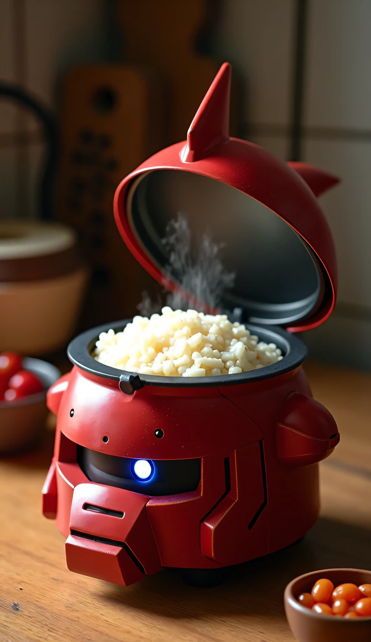 ((top quality))HD、4K、8k、16k、super high definition、((masterpiece)), realistic, score_9,score_8_up,score_7_up,Ultra Fine、real、Rice cooker placed on the kitchen counter、((Japanese rice cooker))、An item that combines the head of Char's Zaku with a Japanese rice cooker, a red rice cooker shaped like a Zaku head with a glowing mono-eye、The lid on the antenna part opens、I can see freshly cooked delicious white rice