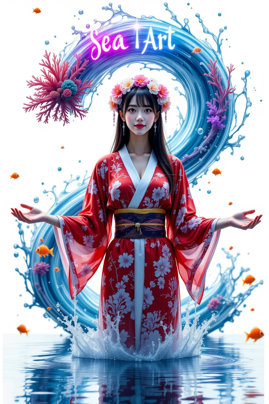 SeaArt AI、Dragon Palace、Visually stunning digital artwork with Moon Night God々しいオーラをBackground視覚的に素晴らしいデジタルアートワーク. In the center, the goddess of creation, wearing a luxurious kimono with a red coral pattern on a slightly large, very fantastic, and beautiful white background, spreads her hands、A huge splash of water made of coral and flowers is a number「2」It becomes the shape of、The goddess's head is a tiara made of seashells, At its base, Xu々water flowing down、The aura of light in the background sparkles and water shines, symbolizing the fusion of creativity and fluidity, 「Sea Art」lettering logo is displayed large and clearly around,There are small bright tropical fish all around、The swirling ocean waves made of colorful digital brushstrokes blur the bright blue color, and in the center, purple,  neon accents . Background, dreamy, The abstract coral reef with shining AI artwork subtly illuminates the scene. where soft light shines in from above, creates a magical atmosphere. visually Stunning digital artwork, elegant, Bright future technology、 