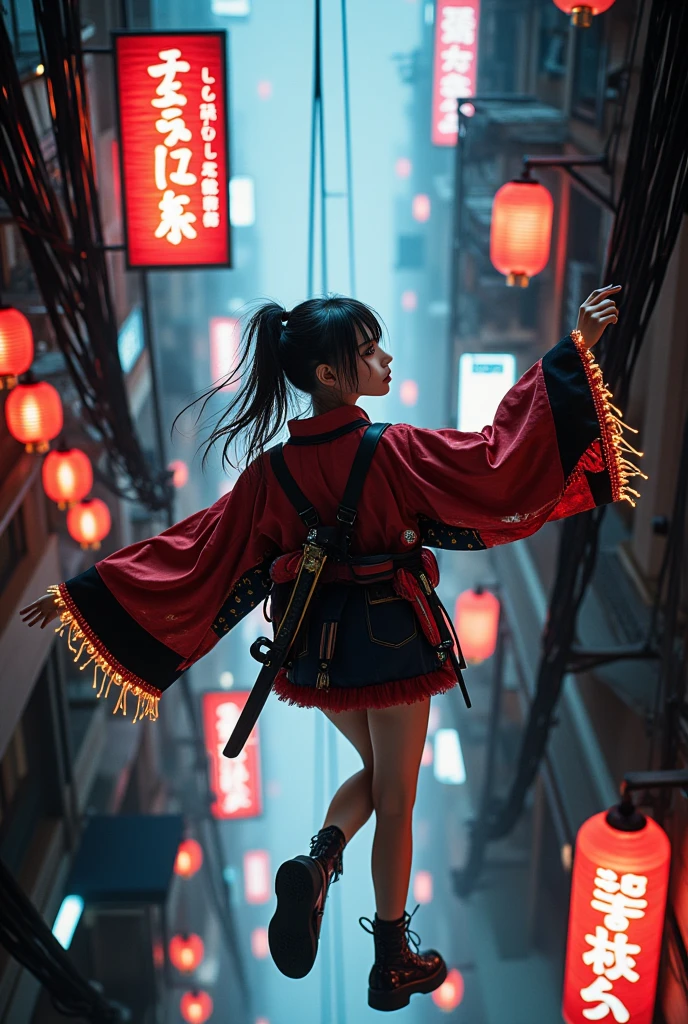 Overhead shot from high above, angled down at a dramatic tilt to capture vertical depth  
A Japanese girl in a cyberpunk kimono-style outfit is falling backward through a narrow neon-lit urban canyon, her back facing down toward the city abyss. Her short jacket flutters upward along with layered sleeves and a digital-patterned obi. Her LED-trimmed twin tails and utility straps trail upward, suspended in weightless motion. Her face is turned slightly toward the camera, eyes half-closed in serenity, as if surrendering to gravity or drifting into a dream.  
Her outfit combines traditional Japanese elements with sci-fi aesthetics: a short crimson and black kimono jacket, glowing belt, cyber-ornaments on her boots and sleeves, and faint holographic patterns along the trim. A futuristic katana is strapped to her back, tilted slightly as she falls.  
Photorealistic digital art  
Ultra-high resolution, flowing fabric and hair motion, glowing light edges, cinematic motion blur in distant city background  
Inspired by Ghost in the Shell, cyberpunk Tokyo, and dreamlike sci-fi descent scenes  
Background: deep cyber alley lined with kanji-lit signage, hanging lanterns, mist, suspended walkways, and structural beams that disappear into atmospheric haze below  
Main color theme: black, crimson, neon cyan, soft gold lighting  
Lighting from red paper lanterns and neon signs along the walls, soft bottom glow from city depth below, edge lighting on hair and clothing for drama  
Photorealistic, ultra detailed, cinematic gravity fall aesthetic, HDR rendering, cyber-Japanese descent, best image:1.5
