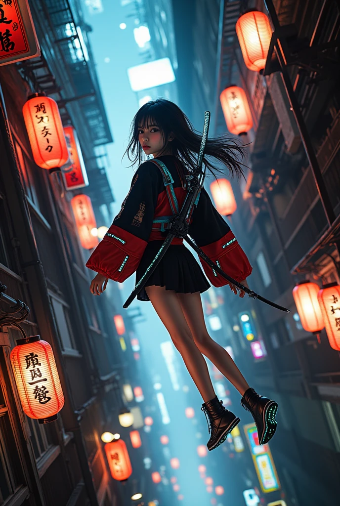 Overhead shot from high above, angled down at a dramatic tilt to capture vertical depth  
A Japanese girl in a cyberpunk kimono-style outfit is falling backward through a narrow neon-lit urban canyon, her back facing down toward the city abyss. Her short jacket flutters upward along with layered sleeves and a digital-patterned obi. Her LED-trimmed twin tails and utility straps trail upward, suspended in weightless motion. Her face is turned slightly toward the camera, eyes half-closed in serenity, as if surrendering to gravity or drifting into a dream.  
Her outfit combines traditional Japanese elements with sci-fi aesthetics: a short crimson and black kimono jacket, glowing belt, cyber-ornaments on her boots and sleeves, and faint holographic patterns along the trim. A futuristic katana is strapped to her back, tilted slightly as she falls.  
Photorealistic digital art  
Ultra-high resolution, flowing fabric and hair motion, glowing light edges, cinematic motion blur in distant city background  
Inspired by Ghost in the Shell, cyberpunk Tokyo, and dreamlike sci-fi descent scenes  
Background: deep cyber alley lined with kanji-lit signage, hanging lanterns, mist, suspended walkways, and structural beams that disappear into atmospheric haze below  
Main color theme: black, crimson, neon cyan, soft gold lighting  
Lighting from red paper lanterns and neon signs along the walls, soft bottom glow from city depth below, edge lighting on hair and clothing for drama  
Photorealistic, ultra detailed, cinematic gravity fall aesthetic, HDR rendering, cyber-Japanese descent, best image:1.5