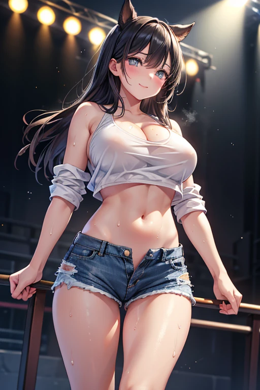 top quality, (Masterpiece: 1.3), (Maximum resolution: 1.2), (Ultra HDTV: 1.2), Cinema light, Ultra HDTV, (Detailed eyes and skin), (Detailed facial features), HDR, 8k resolution, Sharp Focus: 1.2, (solo DJ girl:1.6), ((Dancing wildly in a melting pot of excitement, motion blur: 1.6)), (dynamic angle:1.5), (dynamic pose:1.5), Perfect style, beautiful face, accurate, anatomically correct, highly detailed face and skin texture, detailed eyes, red eyes, double eyelids, thin eyebrows, glitter eyeliner: 1.2, blushed cheeks, round face, glossy skin, fair skin: 1.2, (glossy lips: 1.4), (heart shaped pupils) BREAK first-person-view, ((Wearing vivid bikini top, extra low rise denim shorts as bottom, and sexy side tie panty :1.6)), (playful accessories:1.5),(DJ headphone:1.4), (confident look:1.2), (excited:1.8), innocent and Cute girl, ( glossy black hair with vivid red side line colors:1.5 ), ( shaggy shortbob, messy hair:1.6), BREAK (Full body shot: 1.2), (focus on lips), (medium large breasts:1.2), ((( at the RAVE festival deep in the mountain , at night : 1.6)), (very lewd atomosphere:1.6),