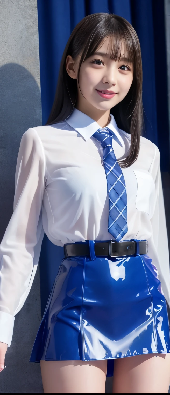 Elegant High School Idol Girl、A pure girl's face、 hypo、Sheer Latex Uniform(shirt with tie)、Blue Checkered Miniskirt、Pure Belt、Glowing Slime Hammer、