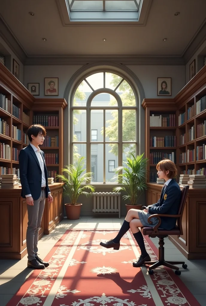 {Ｘ}Is standing sitting on a chair{Ｙ}staring at each other,{X}is standing gracefully on a chair、,blazer and gray pants with a dark gold crest、Best、wearing a school uniform and leather shoes with a Bordeaux tie,taller than women{Ｙ}is a black cat gentleman with brown hair and、A space where you can feel history realistically depicted in every detail、wearing a school uniform with a gray check skirt and dark blue socks and leather shoes,blazer with dark gold emblem and gray pants、A large number of old books arranged in an orderly manner,Soft light shining through a high ceiling,Bookcase full of wood texture,The background is an academic library with huge bookshelves lined up in real detail,Delicate and exquisite texture,realistic expression,4K High Quality,physics-based rendering of a woman holding a horse's penis,ultra-detailed depiction,Professional,Vivid Colors,bokeh