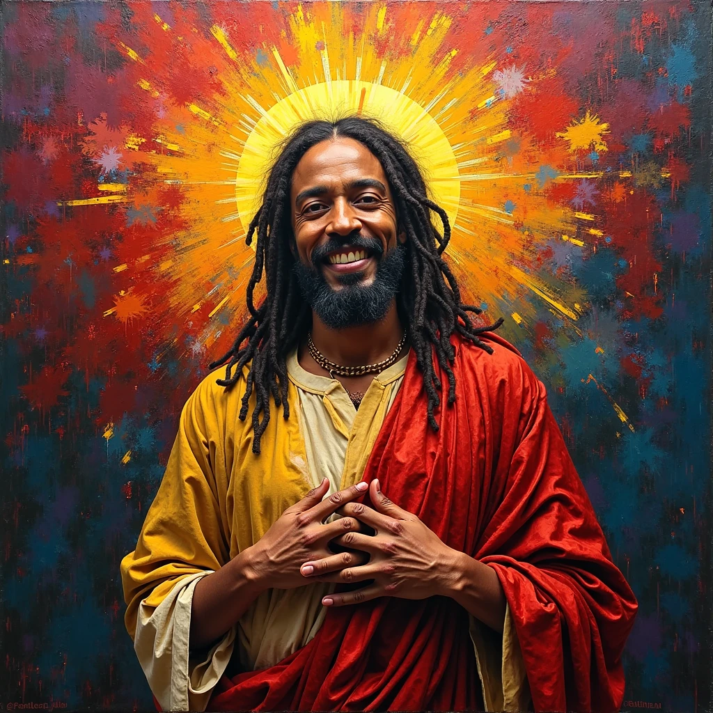 A vibrant and abstract painting featuring A jesus smile wearing rasta cloack with cross behind him gold aura. The background is an explosion of bold, textured colors, with fiery red, deep red, and dark bluetogether in a dramatic and expressive manner. The brushstrokes are bold and dynamic, giving the artwork an energetic and spiritual tone, reminiscent of contemporary religious art.