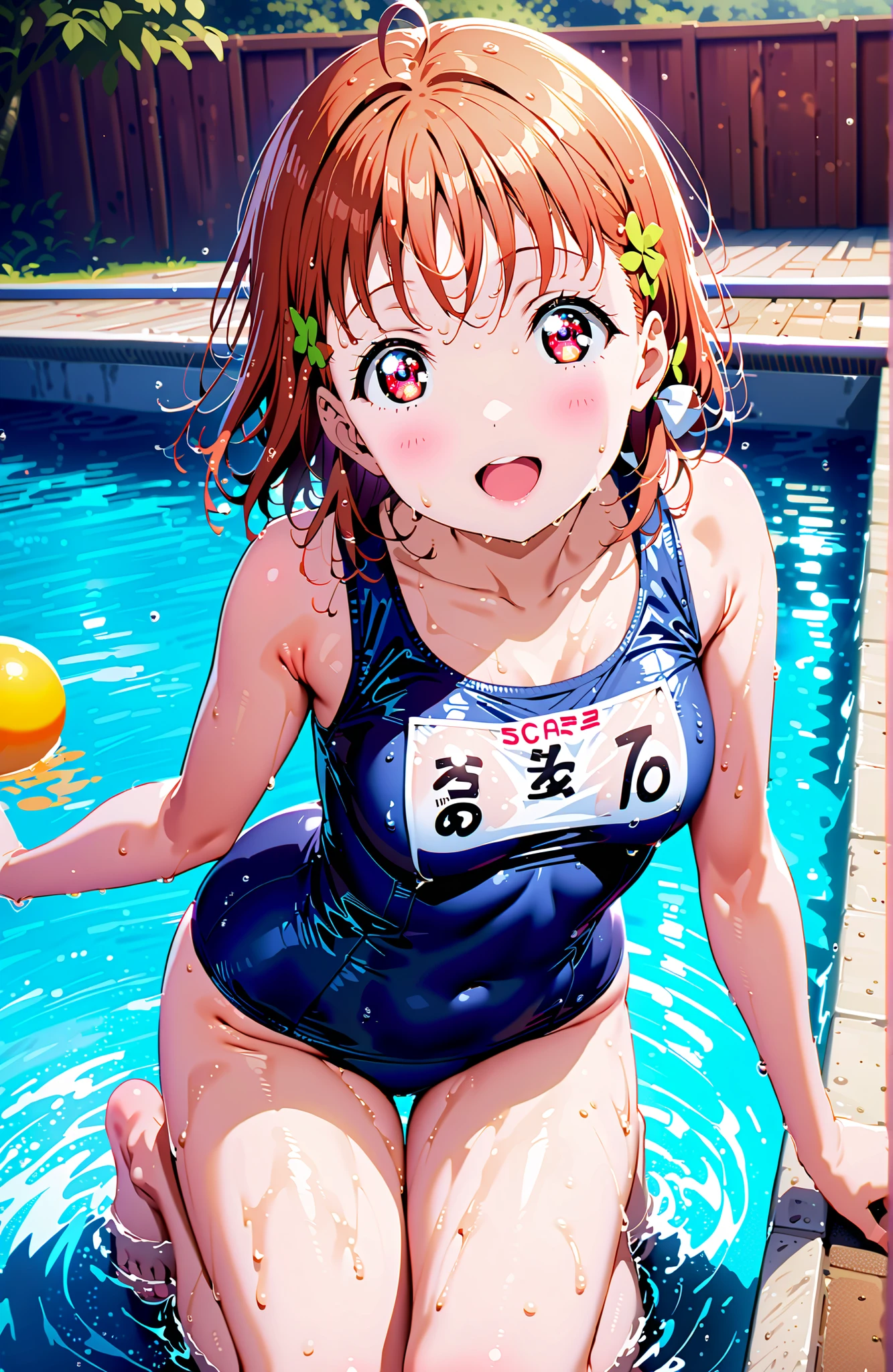 score_9, score_8_up, score_7_up, sauce_anime,Takami Chika, short hair, Red Eyes, stupid hair,school swimsuit,smile,blush,open your mouth,Belly button cover,Wet hair with raw feet,wet swimsuit,wet skin,Submersion,is standing,full bodyがillustrationsに入るように,break outdoors,pool,
break looking at viewer,full body,
break (masterpiece:1.2), top quality, high resolution, Unity 8k 壁紙, (illustrations:0.8), (beautiful detailed eyes:1.6), Highly detailed faces, perfect lighting on the table, extremely detailed CG, (perfect hand, perfect anatomy),