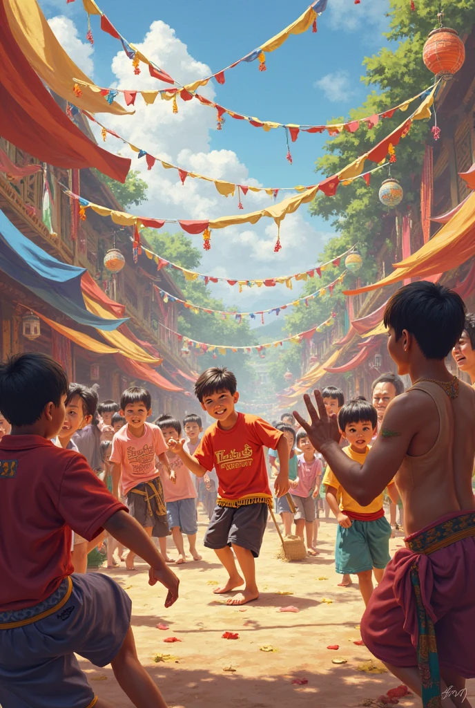 A lively rural village scene during a festival. The village is adorned with colorful decorations and festive lights. The young boy, around , is actively participating in the celebration. He is dressed in bright, festive attire, running with a group of other children who are playing traditional games and carrying lanterns.In the background, villagers are engaged in various festive activities. Women are preparing sweets and traditional dishes at makeshift stalls, while men are setting up decorations and organizing events. Some villagers are dancing in a circle, adding to the joyous atmosphere.The thatched-roof huts are decorated with vibrant festoons and lights, and the warm golden light of the setting sun casts a festive glow over the scene. The air is filled with laughter, music, and the excitement of the celebration, capturing the lively and communal spirit of the festival.
