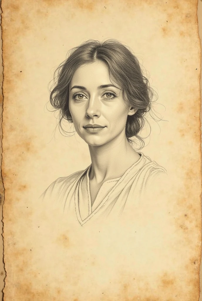 A vintage book page with yellowed, aged parchment texture — resembling an old, sacred manuscript. In the center or gently blended into the page is a hand-drawn, pencil or ink-style illustration of a mother’s face. Her expression is calm, wise, and loving — eyes that feel like home. The drawing should be soft, slightly faded, as if time has gently worn it. No photorealism — the face should look like it was carefully sketched by hand in an old book. Warm tones, subtle shading, and a nostalgic mood, like a memory you can feel. Style similar to antique illustrations or classical Japanese sketch art in an emotional, minimalist way