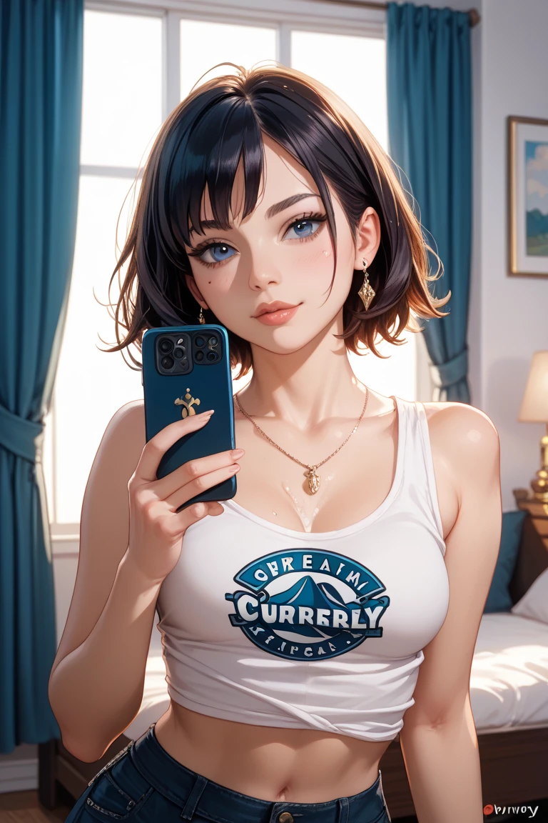 realisticlying,2girls,Blue hair,Purple eye,glowing light eyes,Cut the top,a skirt,parted lip,Be red in the face,morning,fresh flowers,suns,rays of sunshine,Holding a red iPhone,Beautiful and moving,Japan goddess,Take the pink female LV bag,huge tit,