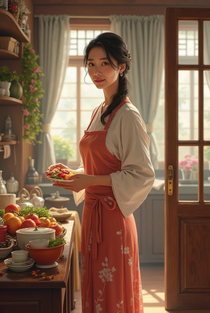 a asian woman who look after whole house and her ren.she managed gracefully her ren and work.