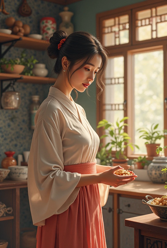 a asian woman who look after whole house and her ren.she managed gracefully her ren and work.