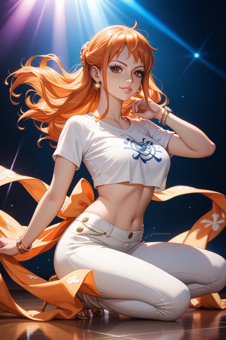 ((Best Quality, 8K, Masterpiece: 1.3)), 1girl, Beauty: 1.3, (Hairstyle wild Casual,) floating, meteors raining down, red crop top, black shorts, left leg is red mechanical, right arm is tied with bandages, right arm has a glove that goes till the bicep ,long hair, orange hair with blue tips, untied hair, orange hair color, Super Fine Face,